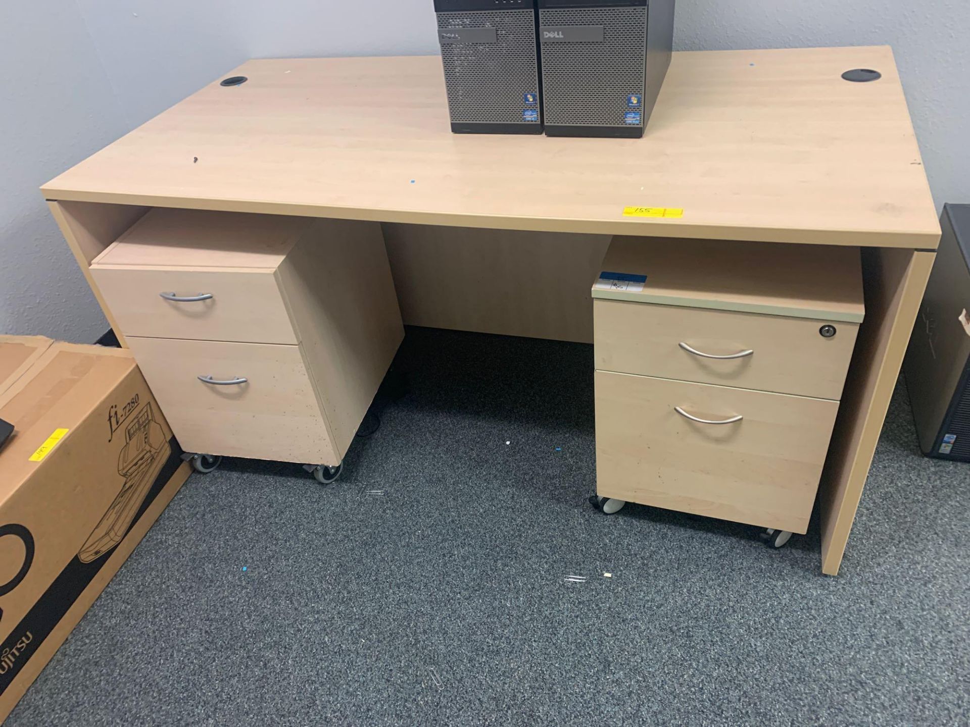 Desk with (2) Rolling 2 Drawer File Cabinets and Over Head