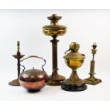 A Victorian brass Corinthian column oil lamp, 50cm high, a 19th century brass table lamp with reeded
