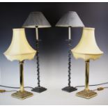 A pair of decorative tole ware type lamps with spiral details to the columns, grey painted, 68cm