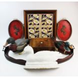 A 19th century parquetry banded walnut box, lacking interior, a mahogany framed glass tray, a cast