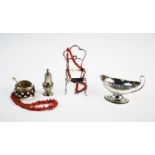 A selection of silver and silver coloured items, comprising: a Russian enamelled salt, with stylised