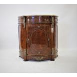 A Louis XV style kingwood and yew marble top demi lune cabinet, the shaped marble top above a