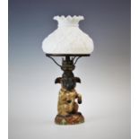 A Victorian novelty nursery oil lamp, probably German, the reservoir modelled as a begging pug dog