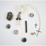 A selection of silver and silver coloured items, to include, a set of four Art Nouveau buttons,