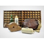 A vintage pine printers tray, a leather Gladstone bag, a stoneware bed warmer, a green glass