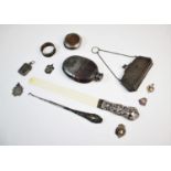 A selection of silver and silver coloured items, to include, a silver mounted ivory page turner,