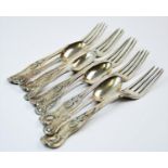 A set of five Victorian silver kings pattern forks, Chawner & Co, London 1853, with a set of four