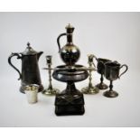 A selection of silver plated wares, to include, a pair of Georgian style silver candlesticks, with