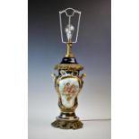 A Sevres table lamp, 19th century, the lamp of inverted gourd form with spreading foot, the cobalt