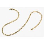 A flat curb link yellow metal chain, with lobster claw and loop fastenings stamped '9K', 41cm, gross
