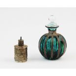 A 20th century silver topped scent bottle, (marks indistinct), the turquoise glass body of