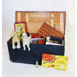 A painted toy chest containing a large assortment of vintage toys, to include skittles, a farm and