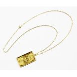 A 24ct gold troy ounce ingot pendant, the rectangular ingot depicting the raised profile of a woman,