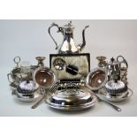 A collection of silver plated wares to include; a pair of bottle coasters, entree dish, preserve