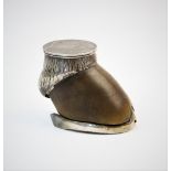 An Edwardian silver mounted horse hoof desk inkwell, Elkington & Co Ltd, London 1910, the metal