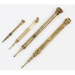 A bloodstone set propelling pencil, the cylindrical body with engraved floral detail and a