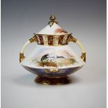 A twin-handled EJD Bodley vase and cover, late 19th century, the upper body hand painted by J.