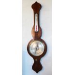 A 19th century mahogany banjo wall barometer, with an onion shaped pediment above a silvered