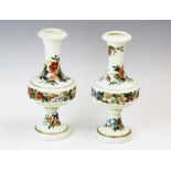 A pair of Victorian opaline glass vases, of tapering knopped form, decorated in hand painted