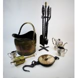 A selection of brass wares, to include, an iron and brass mounted 'Salter's' spring balance, a