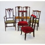 Six assorted Edwardian mahogany chairs, to include a pair of bedroom chairs with lattice inlay above