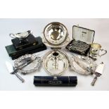 A collection of early 20th century and later silver plated wares, to include a pair of waiters, with