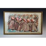 Ana Bron (Eastern European, mid 20th century), Pastel on paper, Six girls in hoods, Signed lower