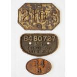 Three vintage cast iron engine and shed plates to include, 'B480727 13T Shildon 1951 Lot No. 2196'