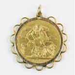 A Victorian sovereign, dated 1892, set to a 9ct gold pierced design pendant mount, gross weight 9.