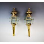 A pair of 19th century brass lacquered carriage lamps by Limehouse Lamp Co, with a circular fan