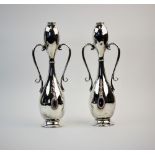 A pair of Art Nouveau Jugendstil silver plated vases, of thin waisted gourd form, each applied