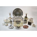 A selection of silver and silver plated wares, to include, a silver wet mustard, T H Hazlewood & Co,