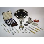 A selection of silver and silver plated items, to include, a set of nine fish knives and forks,