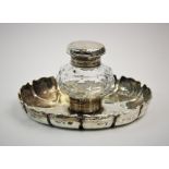 A Victorian silver mounted inkwell on silver stand, Charles Thomas Fox & George Fox, London 1850,