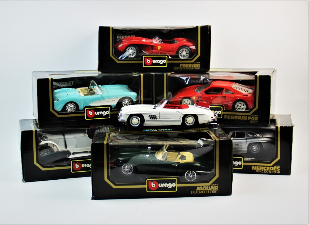 Seven boxed Burago die cast models, 1/18 scale, to include, Mercedes Benz SSKL 1931, Jaguar E - Image 2 of 2