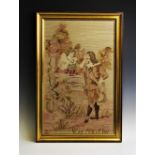 A needlework wool tapestry depicting a cavalier and maiden, framed and glazed, 77cm x 51cm, and a