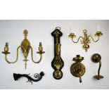 A collection of wall light fittings to include, a French style gilt metal wall sconce, with a pair