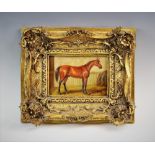 English school (20th century), Oil on panel, A 19th century style painting of a horse in a stable,