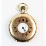 A half hunter pocket watch, the round white dial with Roman numeral markers and a subsidiary seconds