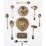A selection of silver and silver coloured items, to include, a silver snuff box, (probably) Ridley
