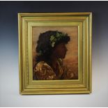 E Pomeroy, Oil on canvas, Portrait of a young girl in the manner of the Aesthetic Movement, Signed