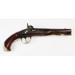 A late 18th century pistol, flintlock to percussion conversion, pierced brass plates, horn mounted