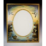 A late 19th/early 20th century hand painted panel, the rectangular frame enclosing later mirror,