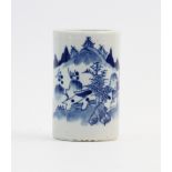 A Chinese blue and white porcelain bitong, 19th century, the cylindrical body decorated in rural