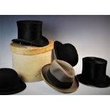 A vintage 'Special Quality' silk top hat, a H.S Ashton silk top hat, a Suttons of Stockport bowler