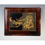 An early 20th century Japanese folio cover, the lacquered covers with a central rectangular panel