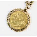 An Edwardian half sovereign, dated 1902, set to a yellow gold rope twist design pendant mount,