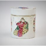 A Chinese Wu Shuang Pu porcelain tea caddy, Republic period, the cylindrical body decorated with