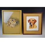 P.F. Evers-Swindell (contemporary British), Three oils on silk, Two golden labrador portraits and