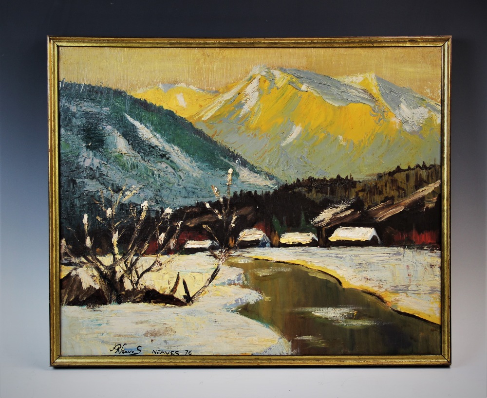 P Neaves (Modern British), Acrylic on canvas, Mountain scene, Signed and dated '76' lower left, 45cm